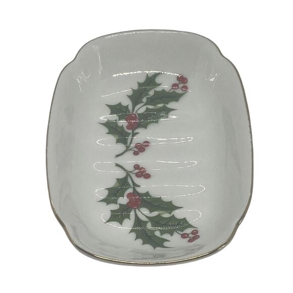 Japanese 4 7/8" Soap Trinket Dish Ceramic Gold Edge Holly Berries Green Leaves - Picture 3 of 14